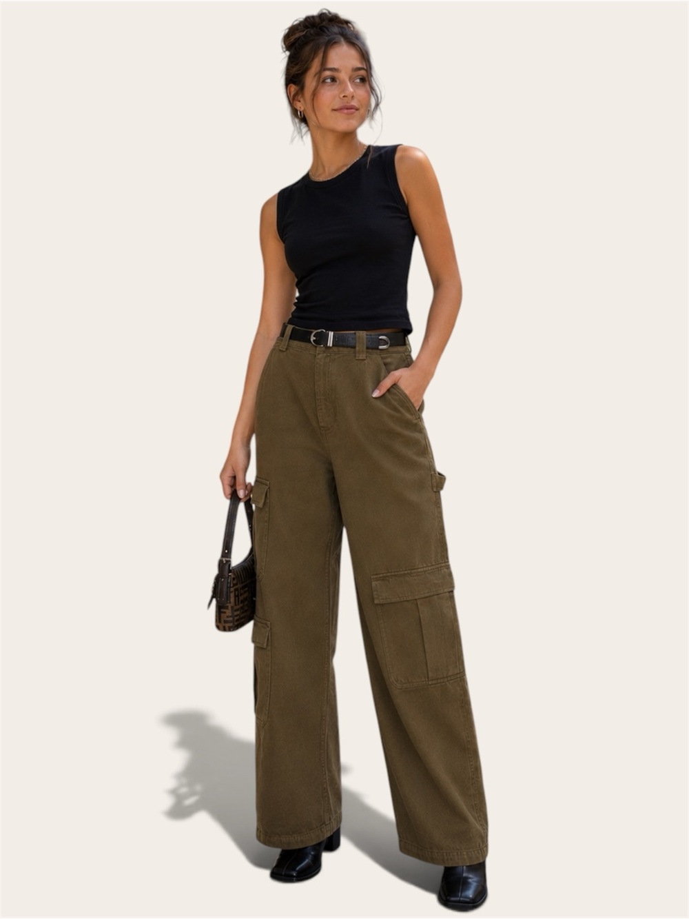 Reformation Landy Wide Leg High Rise Cargo Jeans Pants Olive Green Size 26